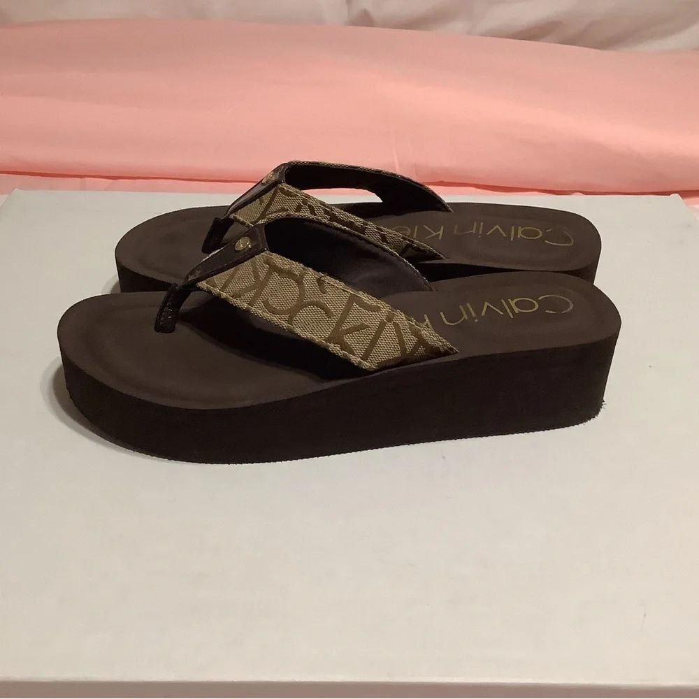 Calvin Klein Brown Logo Platform Flip Flops